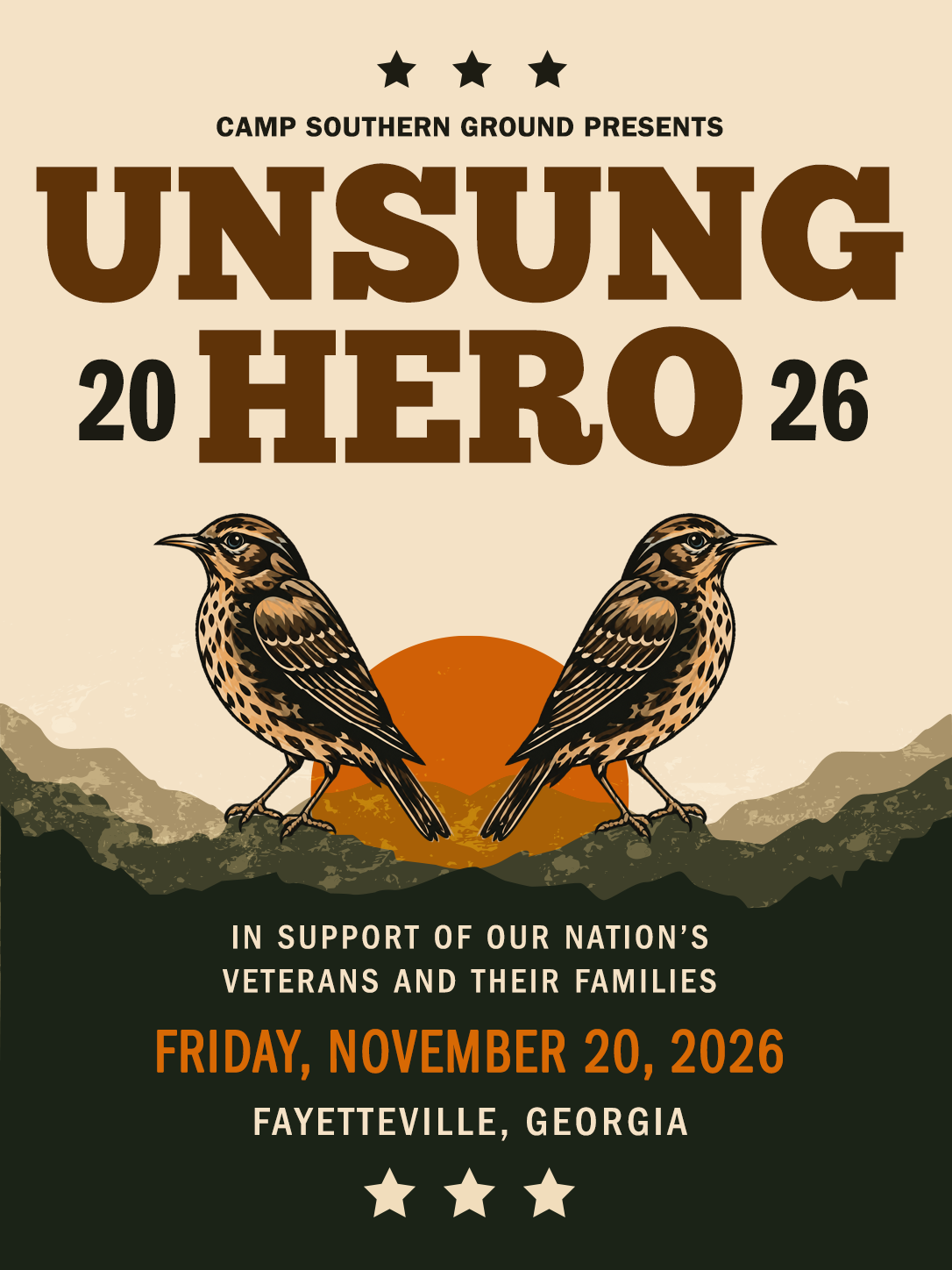 Unsung Hero 2026 official event poster — Camp Southern Ground benefit concert, Friday November 20, 2026, Fayetteville, Georgia